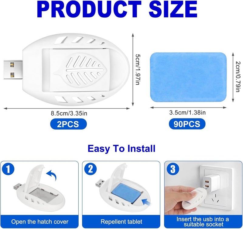 OUWEWIN مبيد البعوض USB القابل للتوصيل، قطعتان من مبيد البعوض المحمول مع 90 قرصًا طاردًا، مبيد حشرات كهربائي داخلي قابل للتوصيل للاستخدام الخارجي والمنزل في الصيف - Image 4