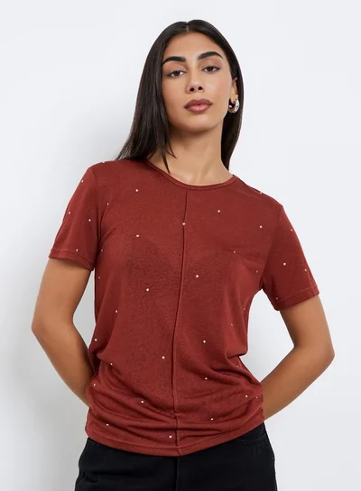 Styli Styli Rust Embellished Short Sleeve T-Shirt