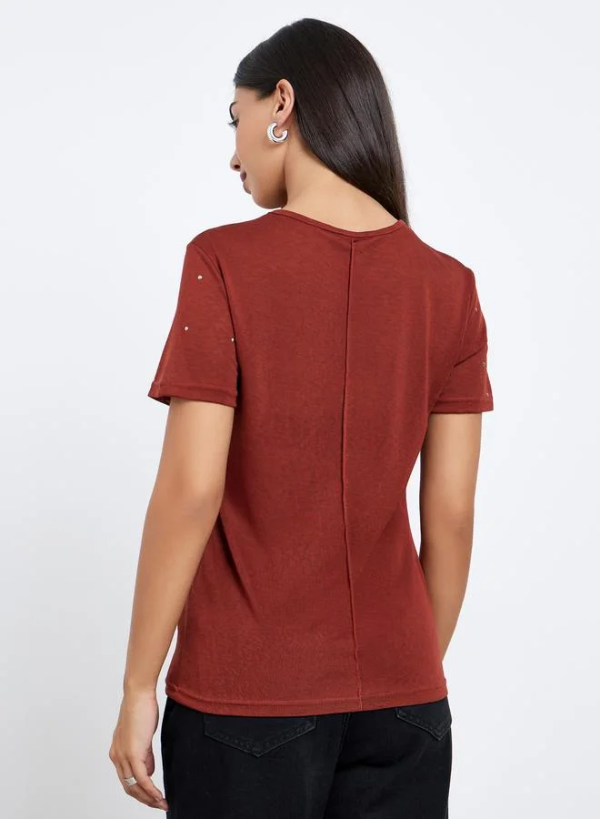 Styli Styli Rust Embellished Short Sleeve T-Shirt