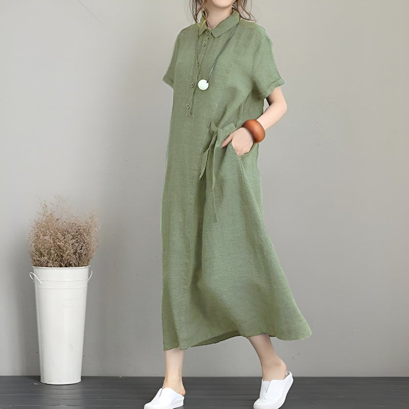 Barbora Linen Casual Short Sleeve Full Length Summer Casual Women's Dress LN245HAKI6  - Image 1