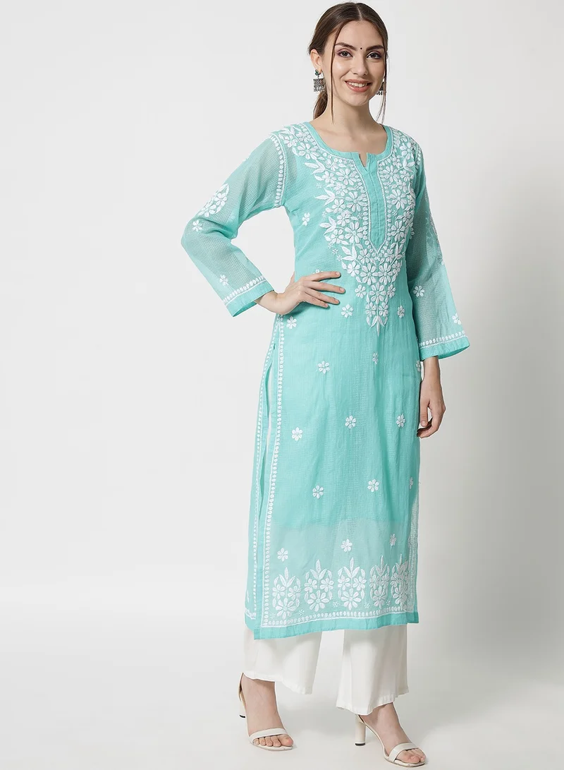 Alaya Hand Embroidered Chikankari Kota Straight Kurta With Slip-AL3540