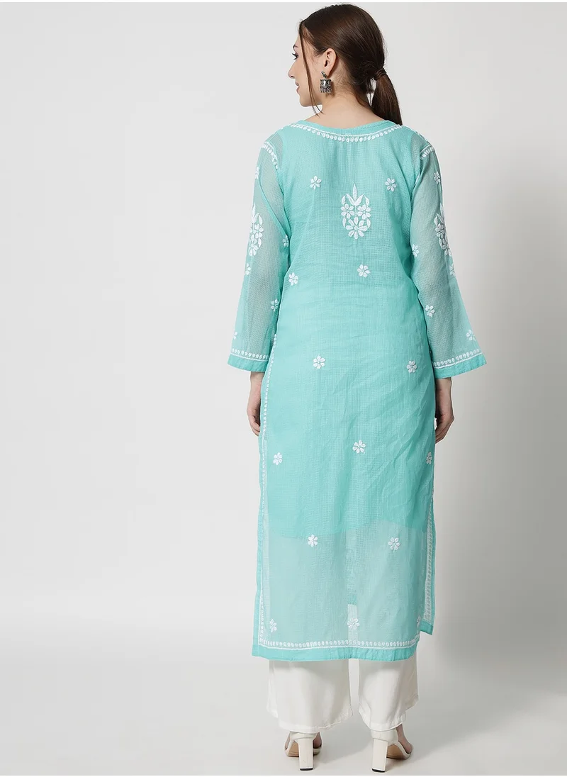 Alaya Hand Embroidered Chikankari Kota Straight Kurta With Slip-AL3540