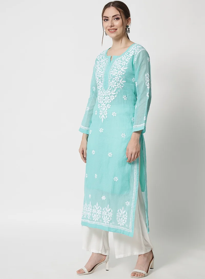 Alaya Hand Embroidered Chikankari Kota Straight Kurta With Slip-AL3540