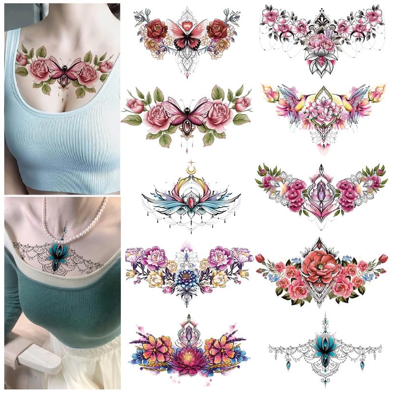 MAYCREATE® 10 Sheet Floral Tattoo Sticker Large Temporary Tattoo for Women, Rose Flower Haif Arm Band Tattoo, Waterproof Enchanting Body Art Tattoo Stickers for Neck, Waist, Back - Image 3