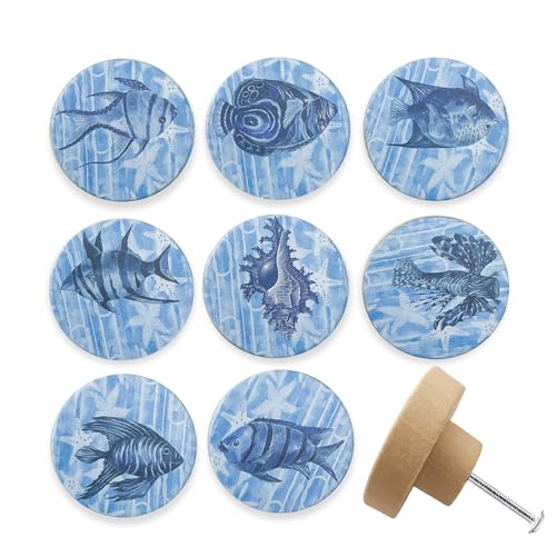 Lasyman Set of 8 Wooden Fish Coastal Beach Themed Kitchen Cabinet Dresser Knobs and Drawer Pulls Handles 18 X 18 Inches - Image 1