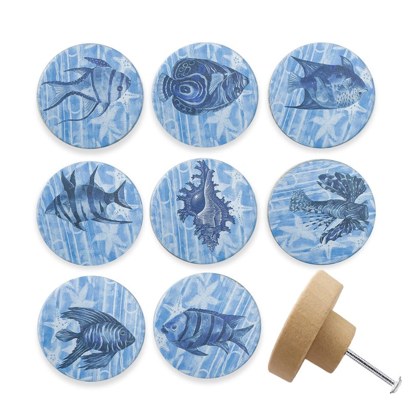 Lasyman Set of 8 Wooden Fish Coastal Beach Themed Kitchen Cabinet Dresser Knobs and Drawer Pulls Handles 18 X 18 Inches - Image 2
