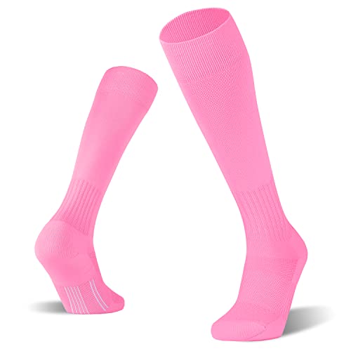 FITRELL 2/3 Pack Soccer Socks Baseball Softball For Youth Kids Boys Girls, Over-The-Calf Football Socks for Adult Men Women, Pink,Small - Image 1