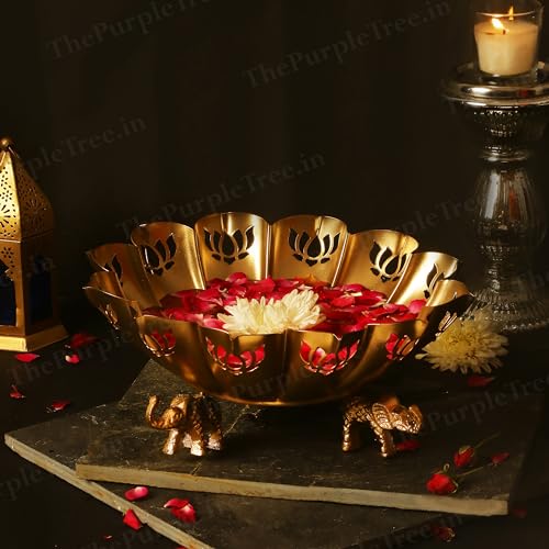 the purple tree Purple Tree Lotus Urli Bowl with Elephant Stand - Traditional Decorative Bowl for Floating Flowers and Tea Light Candles - Pack of 1 - Image 1
