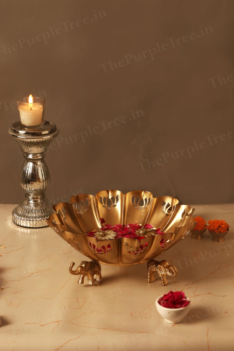 the purple tree Purple Tree Lotus Urli Bowl with Elephant Stand - Traditional Decorative Bowl for Floating Flowers and Tea Light Candles - Pack of 1 - Image 4