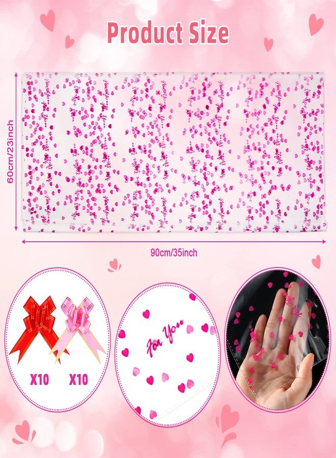 Outus 20 Pcs Valentines Cellophane Bags for Gift Basket 23 x 35 Inch Clear Heart Bags with 20 Pcs Red Pink Pull Bows for Valentine Holiday Birthday Gift - Image 2