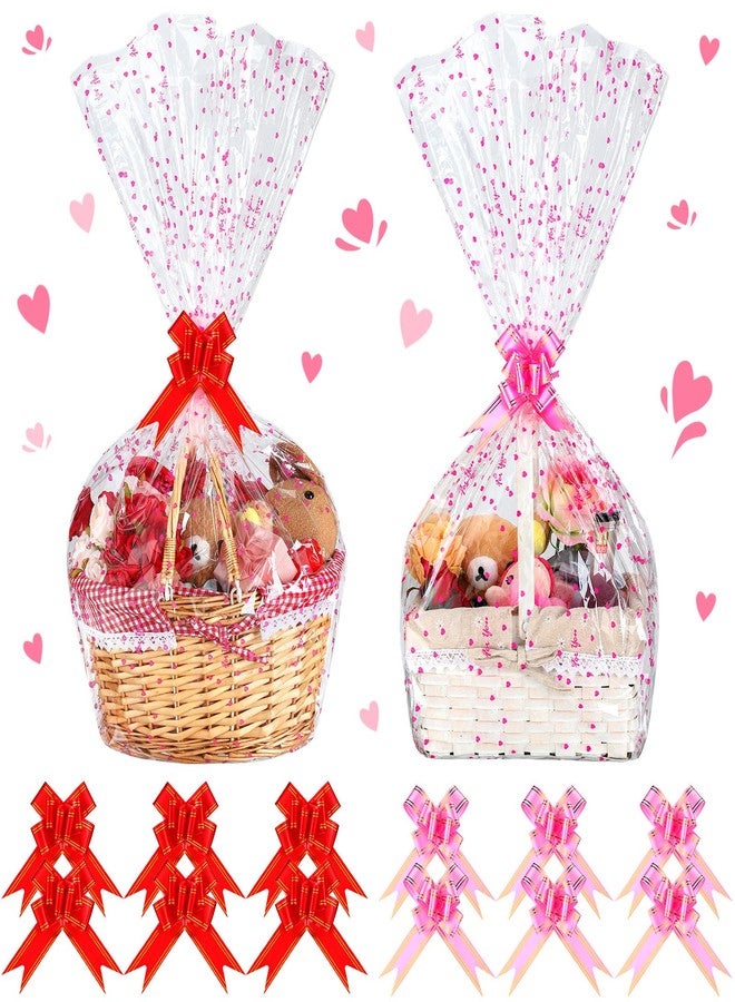 Outus 20 Pcs Valentines Cellophane Bags for Gift Basket 23 x 35 Inch Clear Heart Bags with 20 Pcs Red Pink Pull Bows for Valentine Holiday Birthday Gift - Image 1