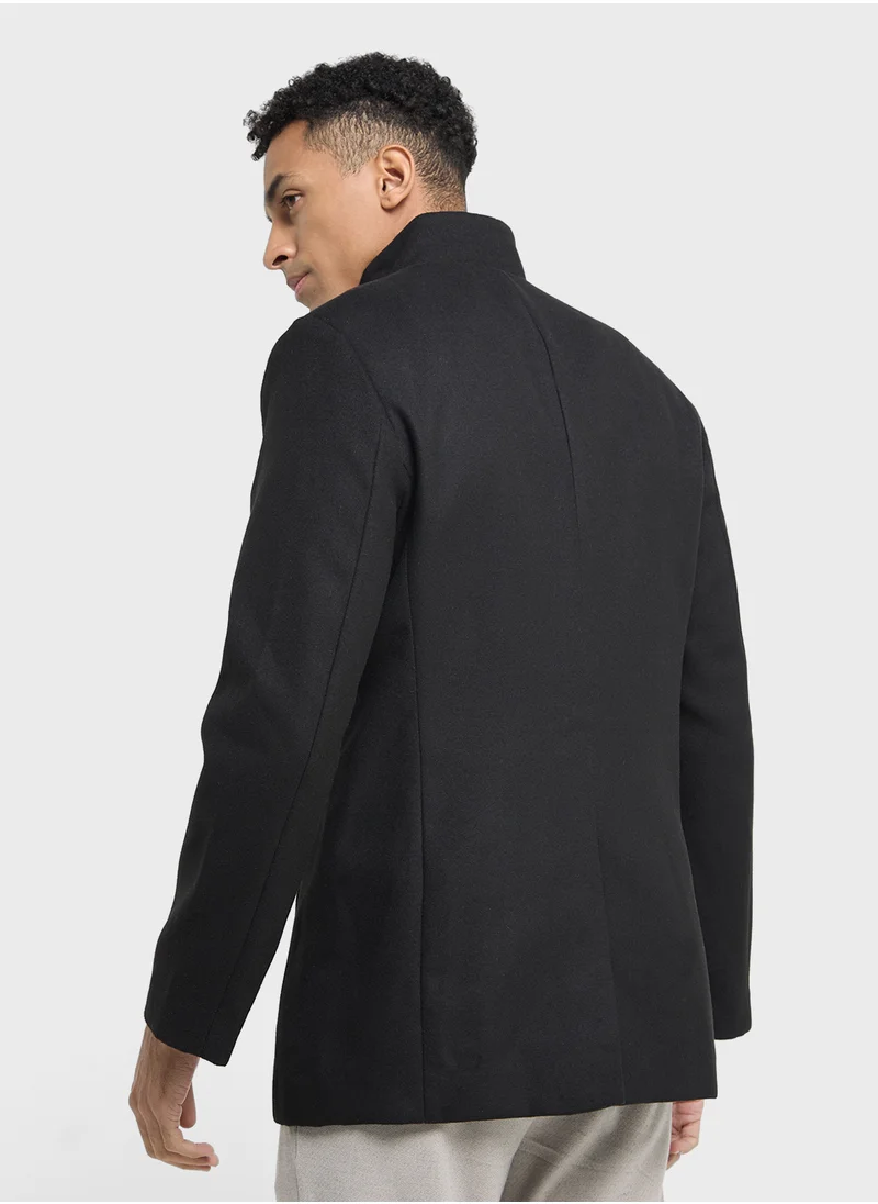 ديفاكتو Slim Fit Stand Collar Lined Wool Coat