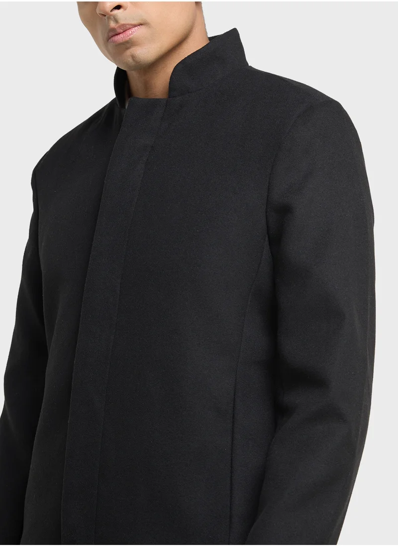 DeFacto Slim Fit Stand Collar Lined Wool Coat
