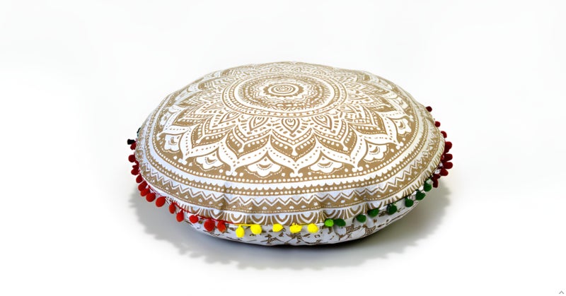 CRAFT KALA 22 Round Mandala Boho Pillow Cover Meditation Room Seating Poufs Cover for Living Room Yoga Room Home Bedroom Balcony Garden Party Decoration Cotton Floor Cushion Cover White Gold Ombre