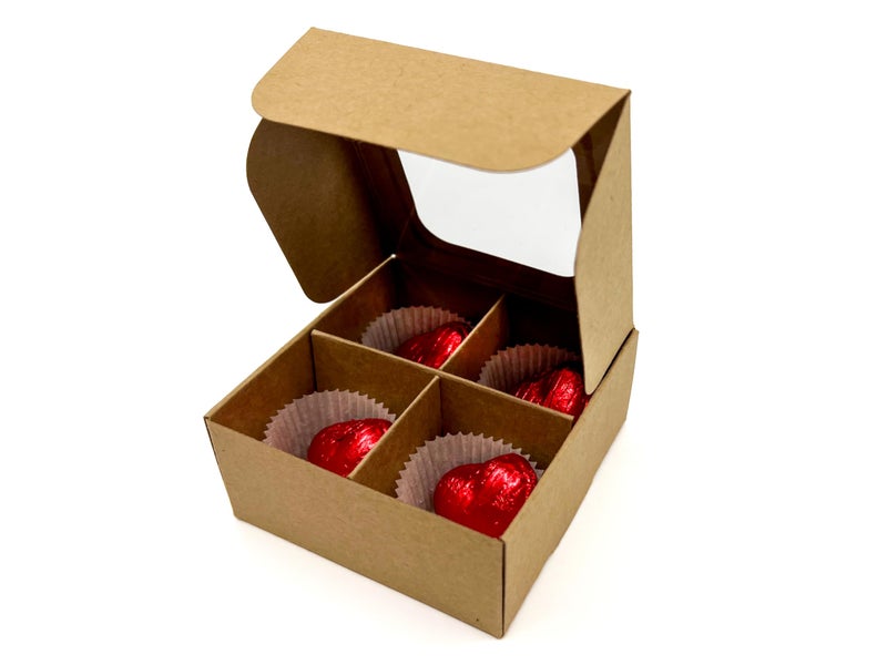 GRETEL BAKING 20pcs Kraft Treat Boxes with Window and Dividers | 4 X-SMALL compartments | 3.5 x 3.5 x 1.57 in | Empty candy boxes for gift giving, truffle box - perfect for Valentine's Day - Image 4