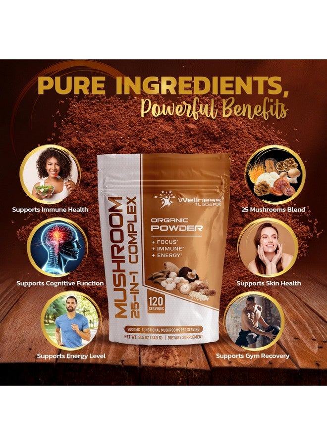 WELLNESS LABSRX Mushroom Powder, 25 in 1 Mushrooms Supplement - 2000mg, 25 Superfood Mishroom Lions Mane Powder with Chaga, Shiitake, Cordyceps, Reishi - Lion's Mane Mushroom - 120 Servings - Image 3