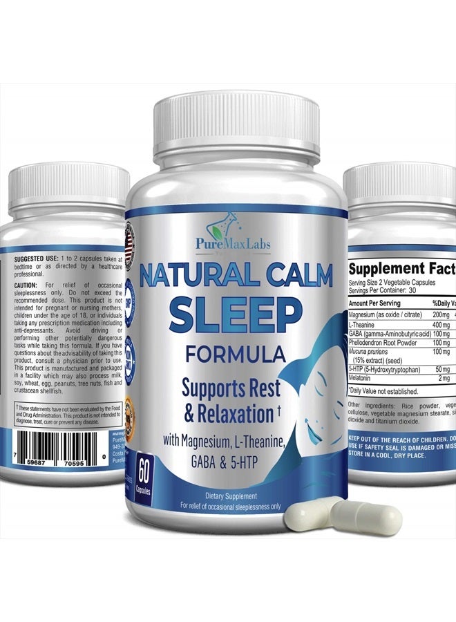 YUMMYVITE Natural Calm Sleep Aid with Magnesium, L-Theanine, Melatonin, GABA, 5-Htp | Sleep Aid | Non-GMO - 60 Capsules  - Image 1