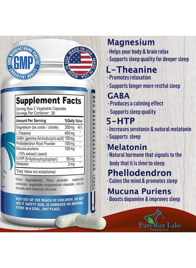 YUMMYVITE Natural Calm Sleep Aid with Magnesium, L-Theanine, Melatonin, GABA, 5-Htp | Sleep Aid | Non-GMO - 60 Capsules  - Image 2