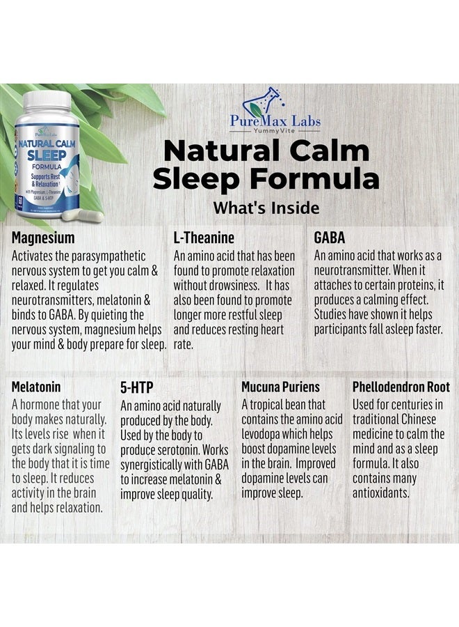 YUMMYVITE Natural Calm Sleep Aid with Magnesium, L-Theanine, Melatonin, GABA, 5-Htp | Sleep Aid | Non-GMO - 60 Capsules  - Image 3