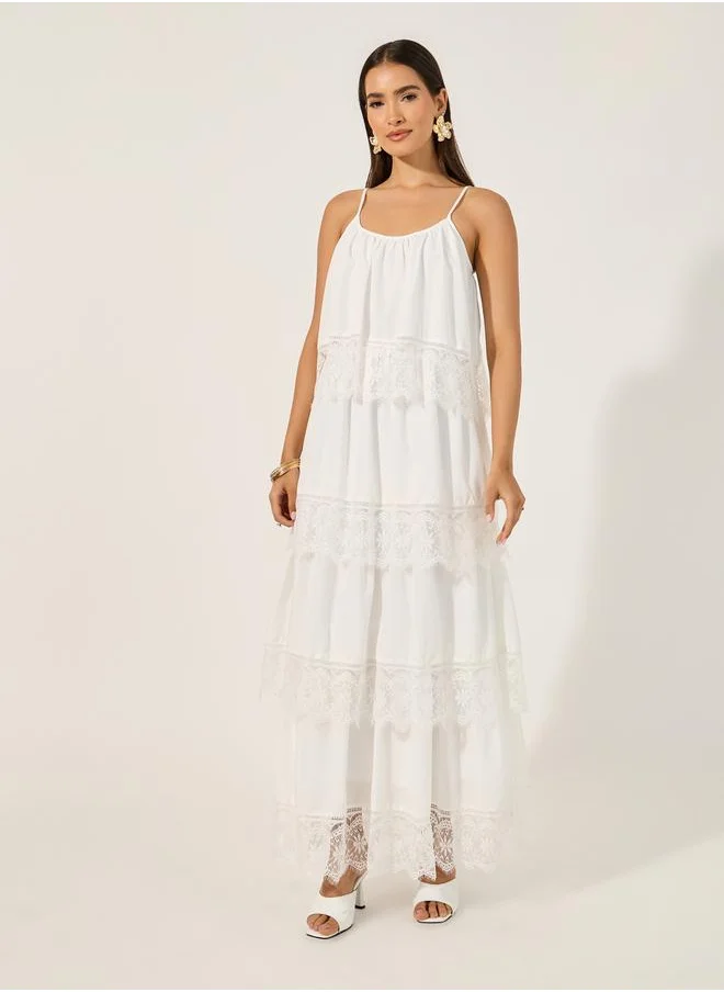 Styli Lace Trim Strappy Tiered Maxi Dress