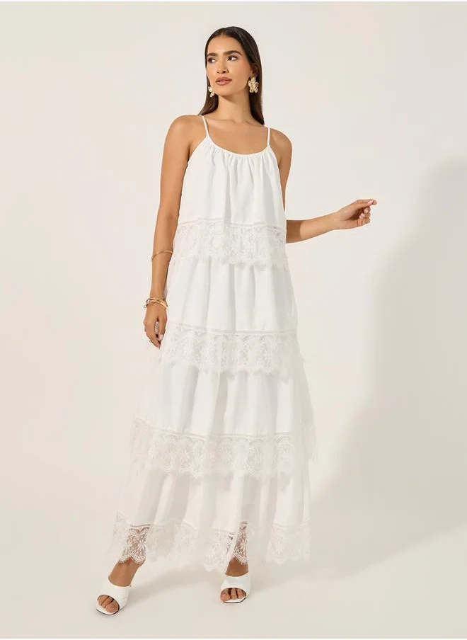 Styli Lace Trim Strappy Tiered Maxi Dress