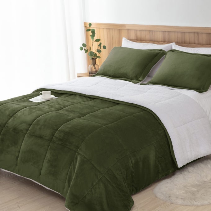 OLIVE GREEN SHERPA COMFORTER SET FULL QUEEN SIZE ALL SEASON SOFT WARM FLEECE BLANKET WINTER BEDDING SETS WITH 2 PILLOW SHAMS