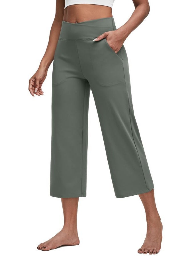 G4Free Women's Summer Fashion Capris Lightweight Capri Wide Leg with Cross Waist and Handy Pockets (Grey Sage, XL, 22") - Image 1