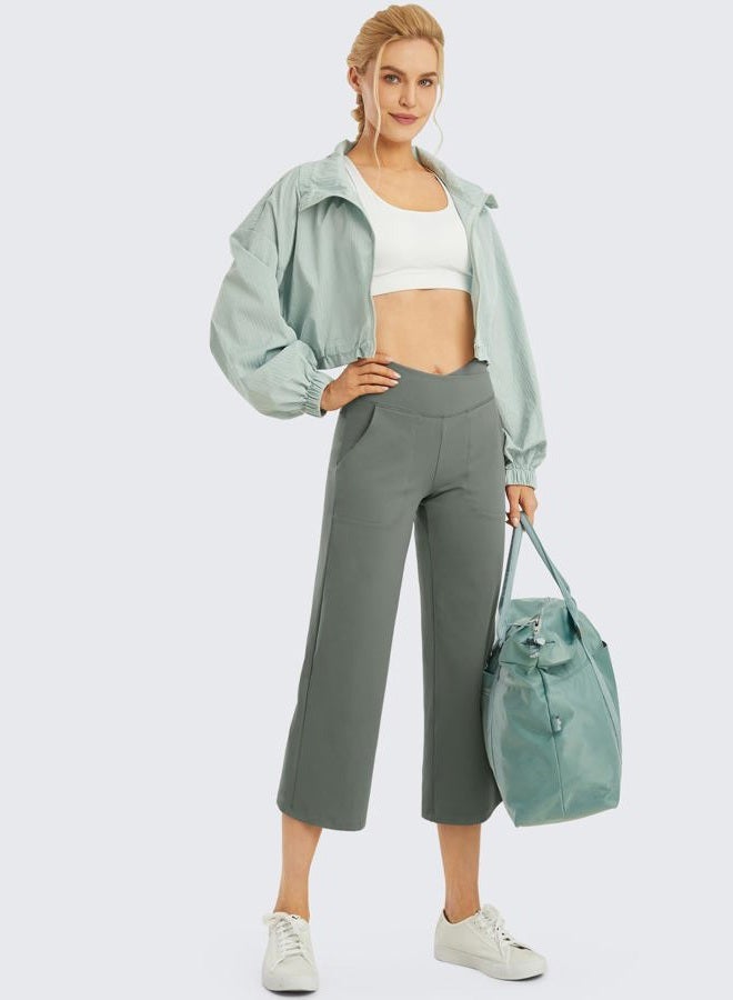 G4Free Women's Summer Fashion Capris Lightweight Capri Wide Leg with Cross Waist and Handy Pockets (Grey Sage, XL, 22") - Image 4