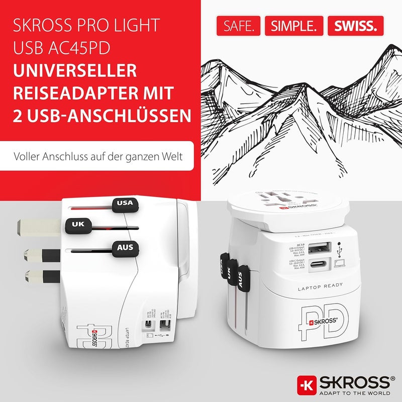 سكروس - PRO Light USB AC45PD - محول سفري عالمي مزود بمنفذين USB - شحن سريع بقدرة 45 واط - الجهد والطاقة: 100 فولت تيار متردد - 700 واط / 250 فولت - 1750 واط - Image 2