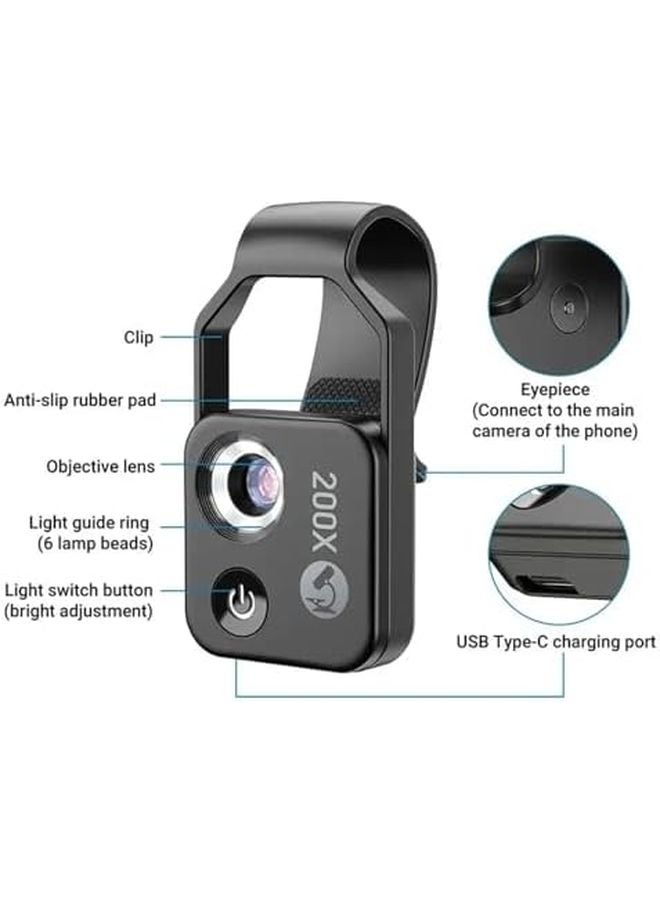 Gray 200X Phone Microscope Lens with LED Light Universal Clip Portable Smartphone Camera Attachment - Image 3