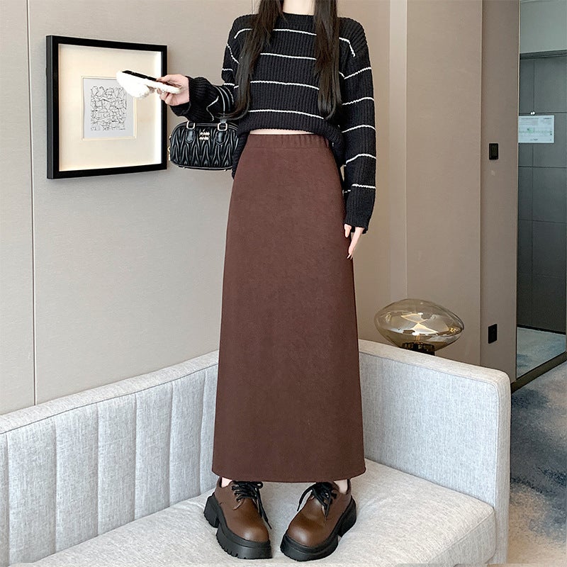 2024 Winter Cashmere Wool Skirt Temperament Long Skirt Straight A One-Step Skirt Mid-Length Hip Skirt - Image 3