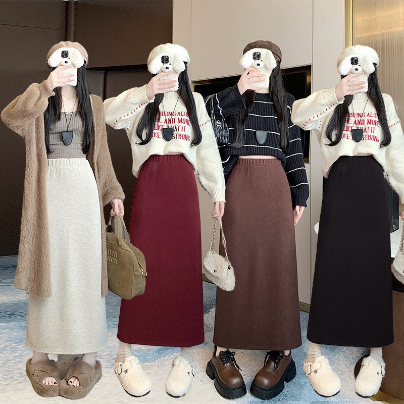 2024 Winter Cashmere Wool Skirt Temperament Long Skirt Straight A One-Step Skirt Mid-Length Hip Skirt - Image 5