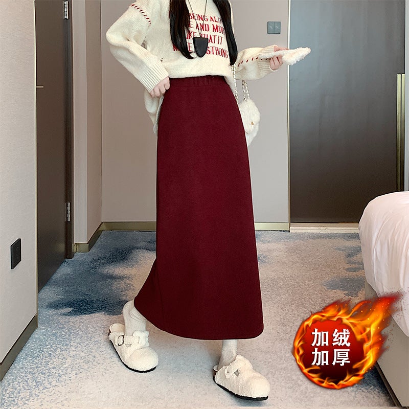 2024 Winter Cashmere Wool Skirt Temperament Long Skirt Straight A One-Step Skirt Mid-Length Hip Skirt - Image 4