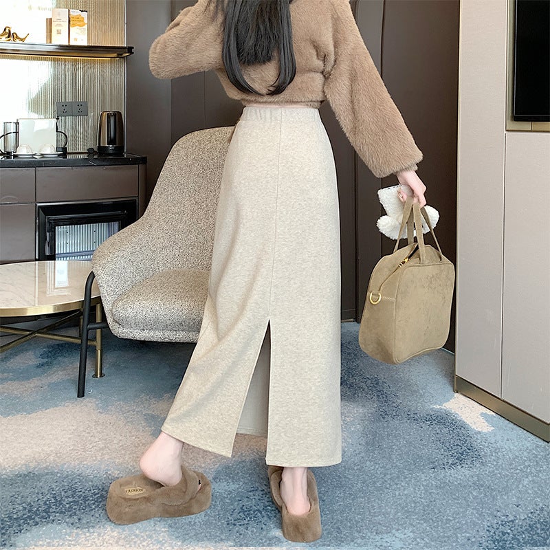 2024 Winter Cashmere Wool Skirt Temperament Long Skirt Straight A One-Step Skirt Mid-Length Hip Skirt - Image 1