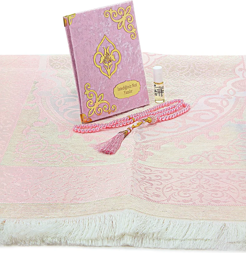 ايهفان اونلاين Gift 4 Piece Mevlid Set Personalized Velvet Covered Yasin, Prayer Rug Set with Prayer Beads - Pink