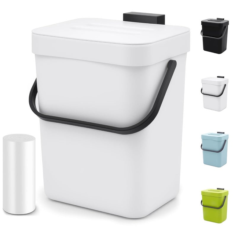 MONGTINGLU Indoor Compost Bin - 1.3 Gallons Hanging Small Trash Can with Lid for Kitchen Bathroom, Under Sink Kitchen Trash Can, Indoor Counter Compost Bucket with Lid, 5L(White) - Image 1