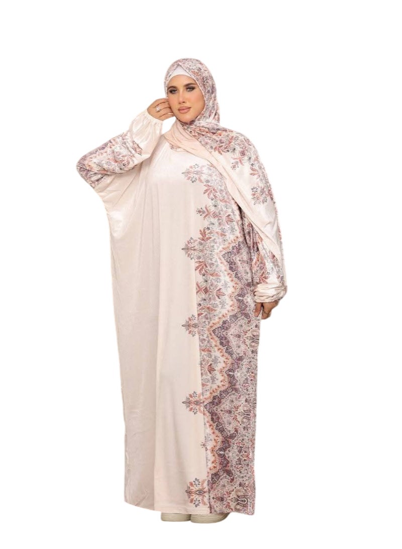 اسدال قطيفة بليسه بطرحة ملتصقة و بتصميم منقوش ( فري سايز و بألوان متعددة )