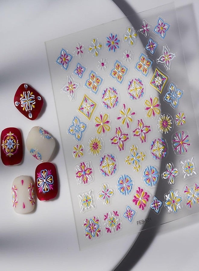Charmark 5D Embossed Nail Art Stickers Nail Decals Bohemia Flower Retro Red Blue Yellow Designs Gel Nail Art Supplies Accessories Colorful Nail Stickers for Women Nail Decoration - Image 1
