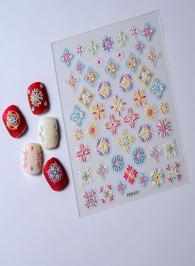 Charmark 5D Embossed Nail Art Stickers Nail Decals Bohemia Flower Retro Red Blue Yellow Designs Gel Nail Art Supplies Accessories Colorful Nail Stickers for Women Nail Decoration - Image 4