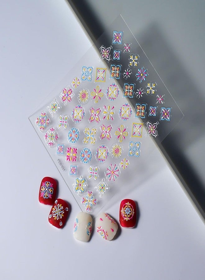Charmark 5D Embossed Nail Art Stickers Nail Decals Bohemia Flower Retro Red Blue Yellow Designs Gel Nail Art Supplies Accessories Colorful Nail Stickers for Women Nail Decoration - Image 2