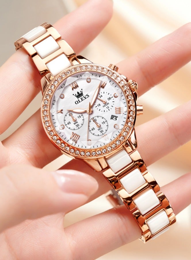 OLEVS Elegant Simple Ladies' Bracelet Watch Diamond-Studded Dial with High-Hardness Coated Mirror, Steel-Ceramic Strap, Luminous Waterproof - Image 1