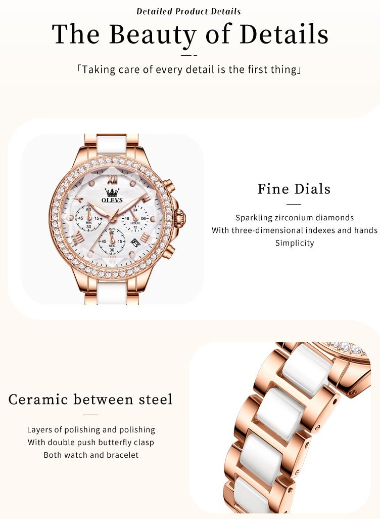 OLEVS Elegant Simple Ladies' Bracelet Watch Diamond-Studded Dial with High-Hardness Coated Mirror, Steel-Ceramic Strap, Luminous Waterproof - Image 4