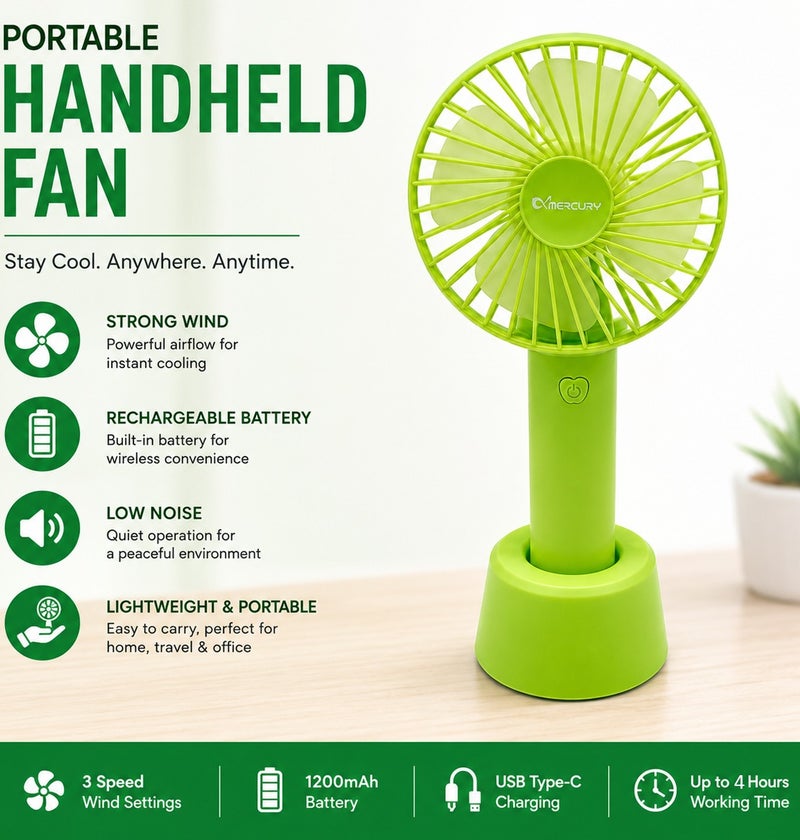 Mercury Portable Handheld Fan with Desktop Base, 3 Speed Personal Cooling Fan, Brushless Motor, Low Noise Mini Table Fan, USB Type C Charging, 1200mAh Battery, Compact Travel Fan for Home Office Camping Outdoor, Green Rechargeable Pocket Fan US - Image 3