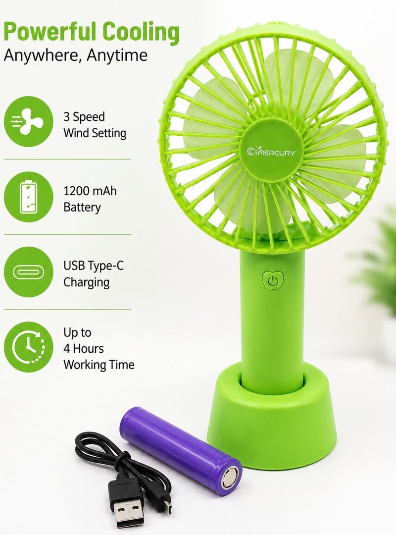 Mercury Portable Handheld Fan with Desktop Base, 3 Speed Personal Cooling Fan, Brushless Motor, Low Noise Mini Table Fan, USB Type C Charging, 1200mAh Battery, Compact Travel Fan for Home Office Camping Outdoor, Green Rechargeable Pocket Fan US - Image 1