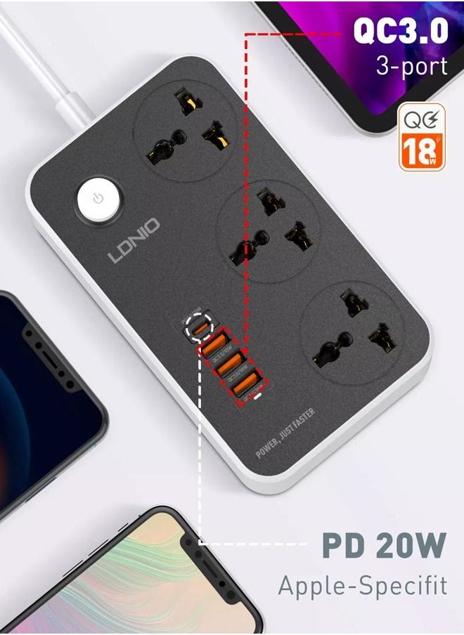 LDNIO 3 Power Socket Extension with Type C PD Port and 3 QC3.0 fast charging Port power strip 