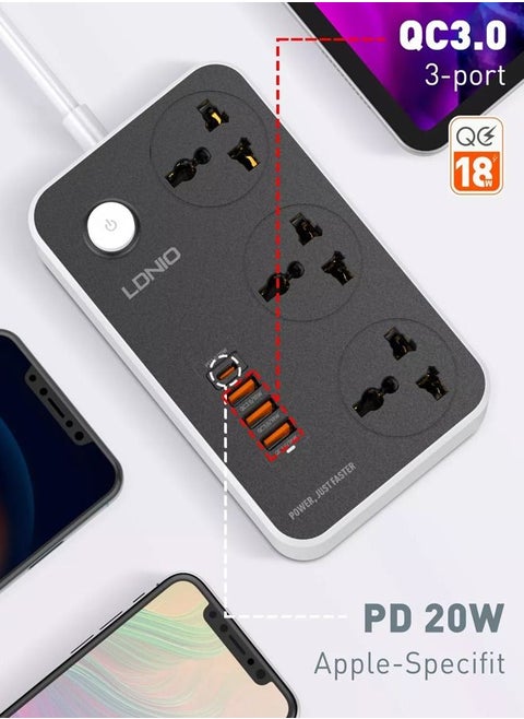 Universal Power Socket with 3 AC Outlets & 4 USB Ports – 38W Fast Charging USB-C Extension 2 Meeter Cord