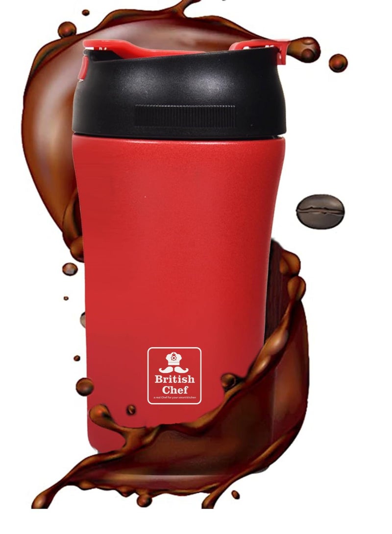 British Chef Coffee Cup 510ML Stainless Steel Cup | Leakproof Insulated Thermal Coffee Cup | Straw & Lid Function Cup | Hiking/Travelling/Camping | Best for Ice Drinks & Hot Beverages-RED  - Image 1