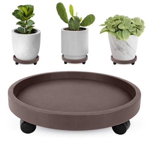 HASTHIP® 25cm Plant Pot Stand with Wheels, Round Mobile Planter Tray with 4 Wheels, Rolling Plant Caddy Saucer, Resin Plant Stand with Smooth Casters for Indoor & Outdoor Use, Brown - Image 1