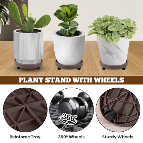 HASTHIP® 25cm Plant Pot Stand with Wheels, Round Mobile Planter Tray with 4 Wheels, Rolling Plant Caddy Saucer, Resin Plant Stand with Smooth Casters for Indoor & Outdoor Use, Brown - Image 3
