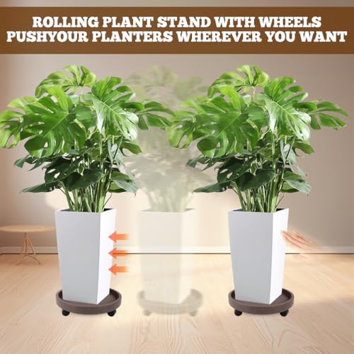 HASTHIP® 25cm Plant Pot Stand with Wheels, Round Mobile Planter Tray with 4 Wheels, Rolling Plant Caddy Saucer, Resin Plant Stand with Smooth Casters for Indoor & Outdoor Use, Brown - Image 4